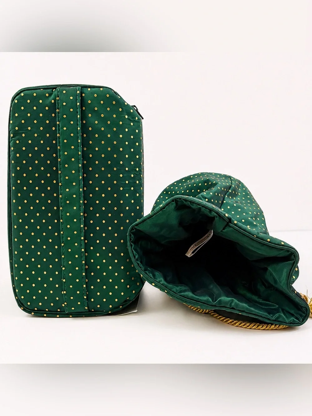 Vintage Dior Cosmetic Bag Set Green Gold Polka Dot NOS - Picture 7 of 16